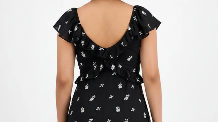 Women's Embroidered Handkerchief-Hem Midi Dress Black