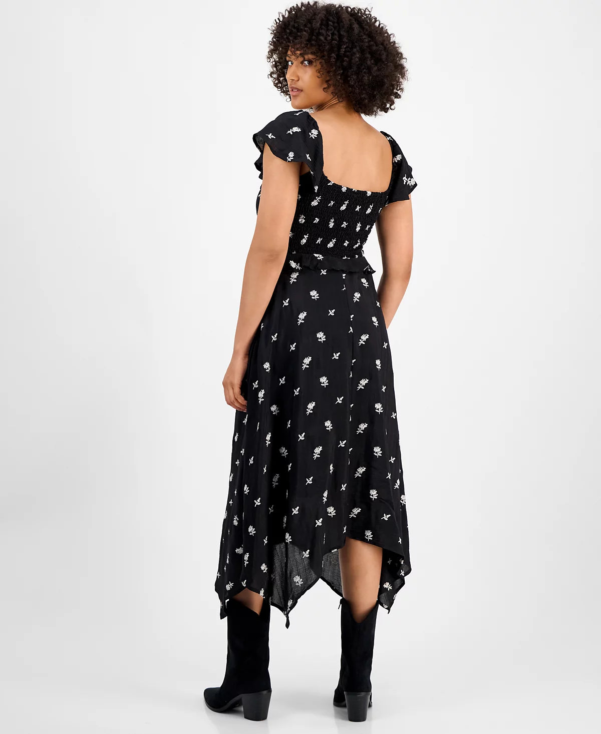 Women's Embroidered Handkerchief-Hem Midi Dress Black