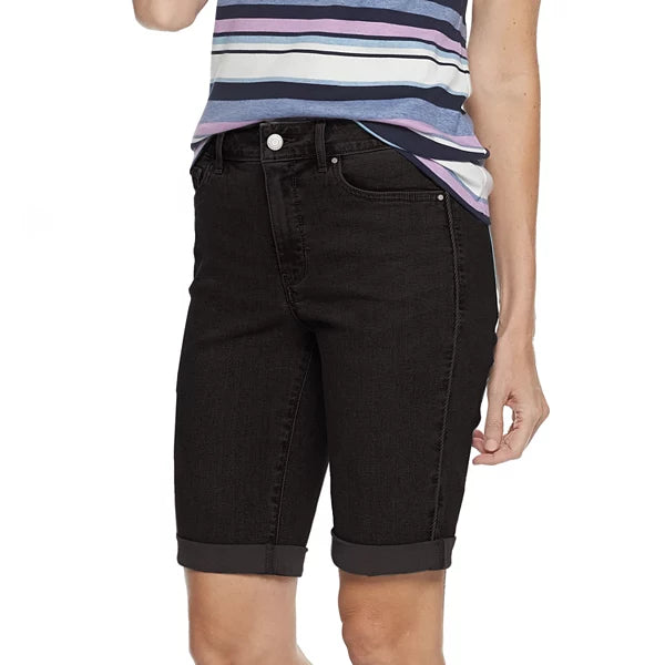 Women's Cuffed Long Knee Bermuda Jean Shorts Black