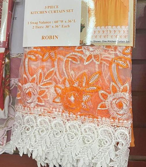 3 piece Kitchen curtain lace embroidered Stitch orange w white