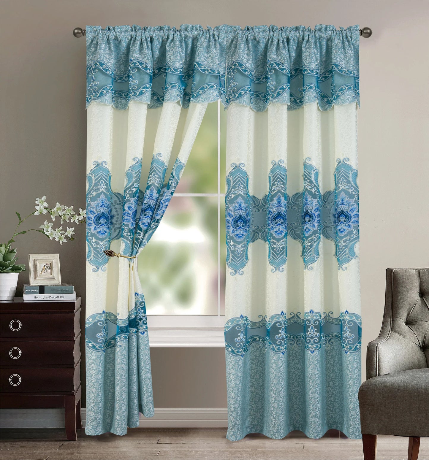 Macrame jacquard Pattern Panel Curtain w attached lace valance Blue