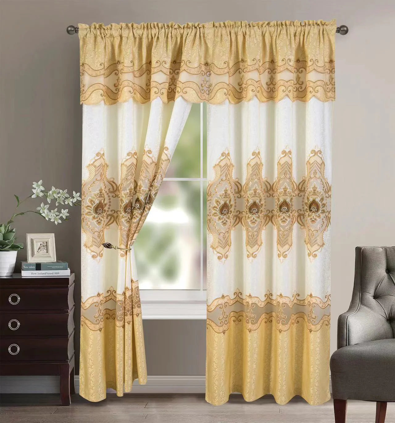 Macrame jacquard Pattern Panel Curtain w attached lace valance Gold
