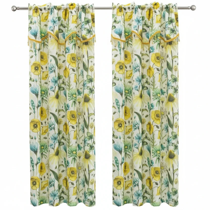 ELIZA Crepe Pattern Panel Curtain w attached lace valance YELLOW