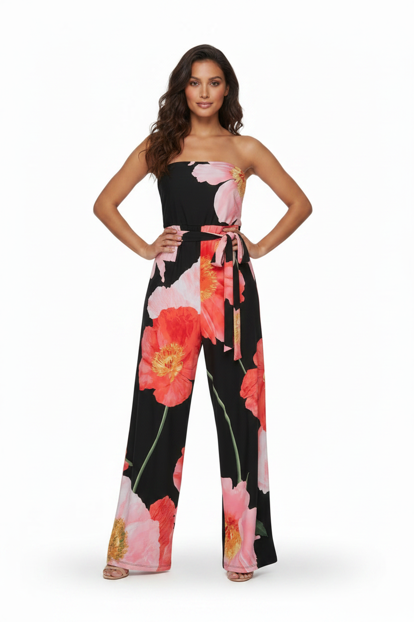 Women's Large Flower Poppie strapless Tube Jumpsuit Jumper belted Black