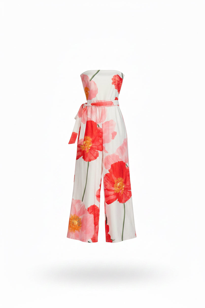 Women's Large Flower Poppie strapless Tube Jumpsuit Jumper belted White