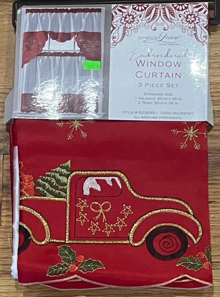 3 Piece embroidered Holiday Christmas kitchen curtain Red w WHITE TRUCK