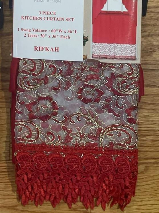 3 Piece embroidered Holiday Christmas kitchen curtain Red w gold