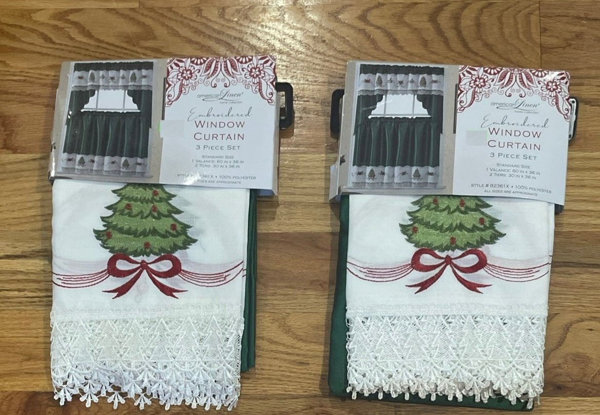 3 Piece embroidered Holiday Christmas kitchen curtain GREEN WHITE Christmas Tree