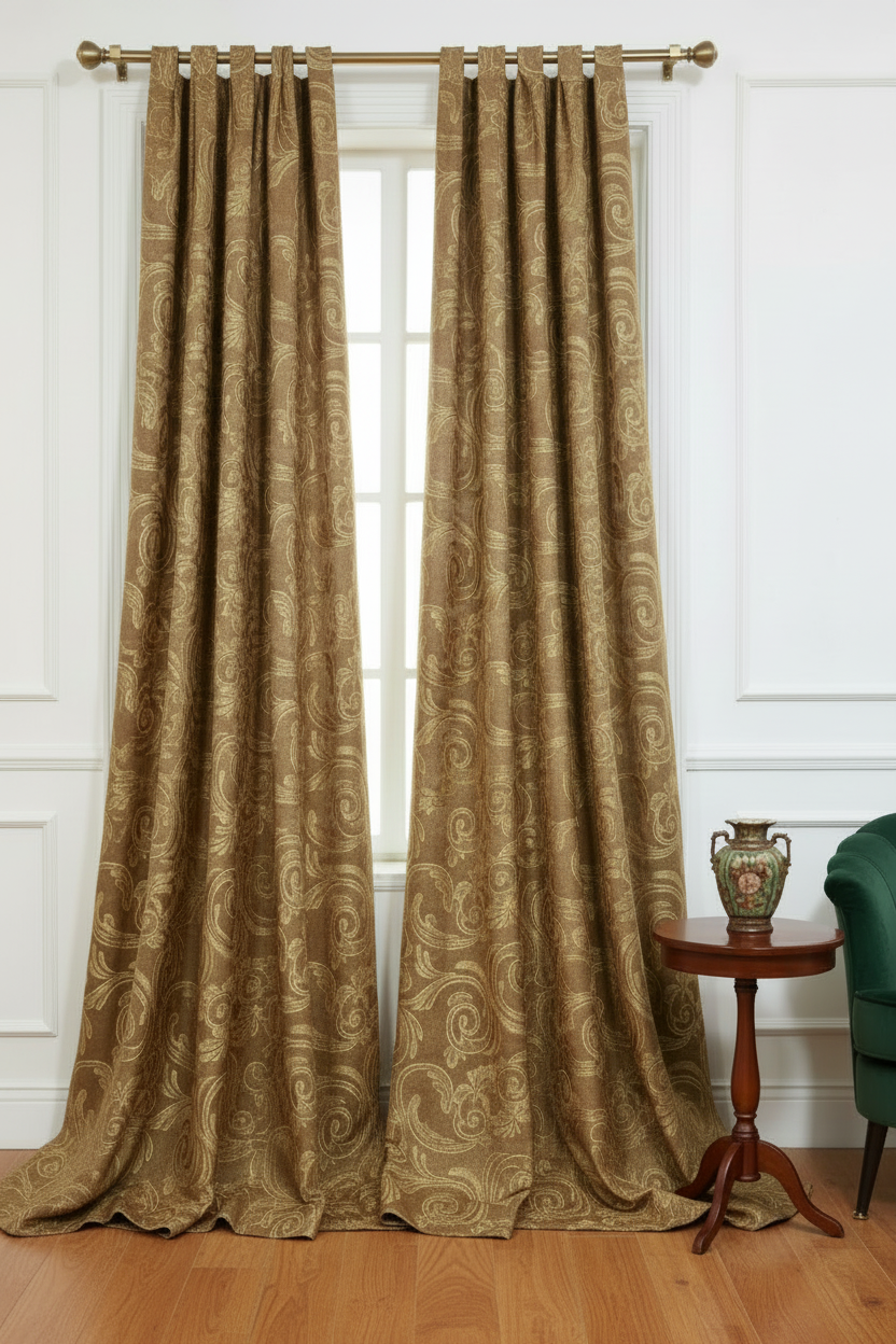 DANIELLE GOLD BRONZE SCROLL Metallic Jacquard Print Grommet Panel Curtain