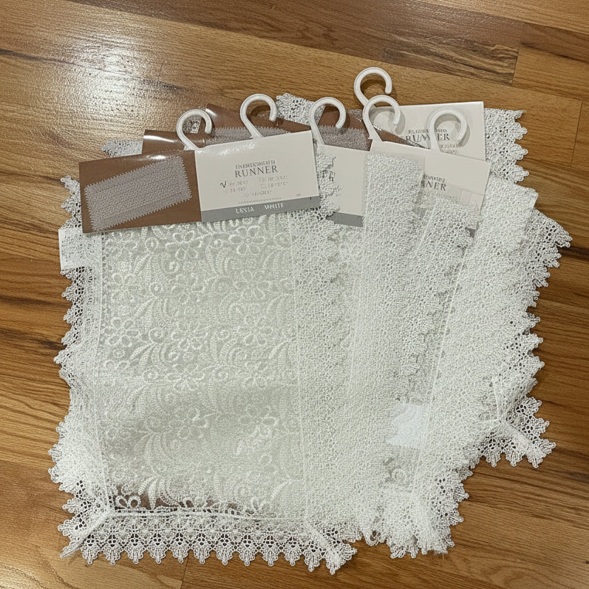 Embroidered floral design Table Runner Doilies 16 X 54 WHITE