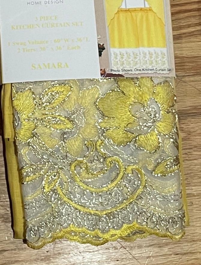 3 piece Kitchen curtain lace embroidered Stitch yellow
