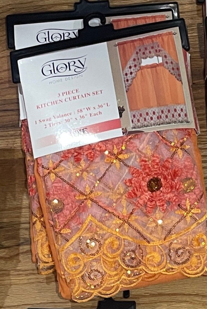 3 piece Kitchen Holiday curtain lace embroidered Stitch Orange