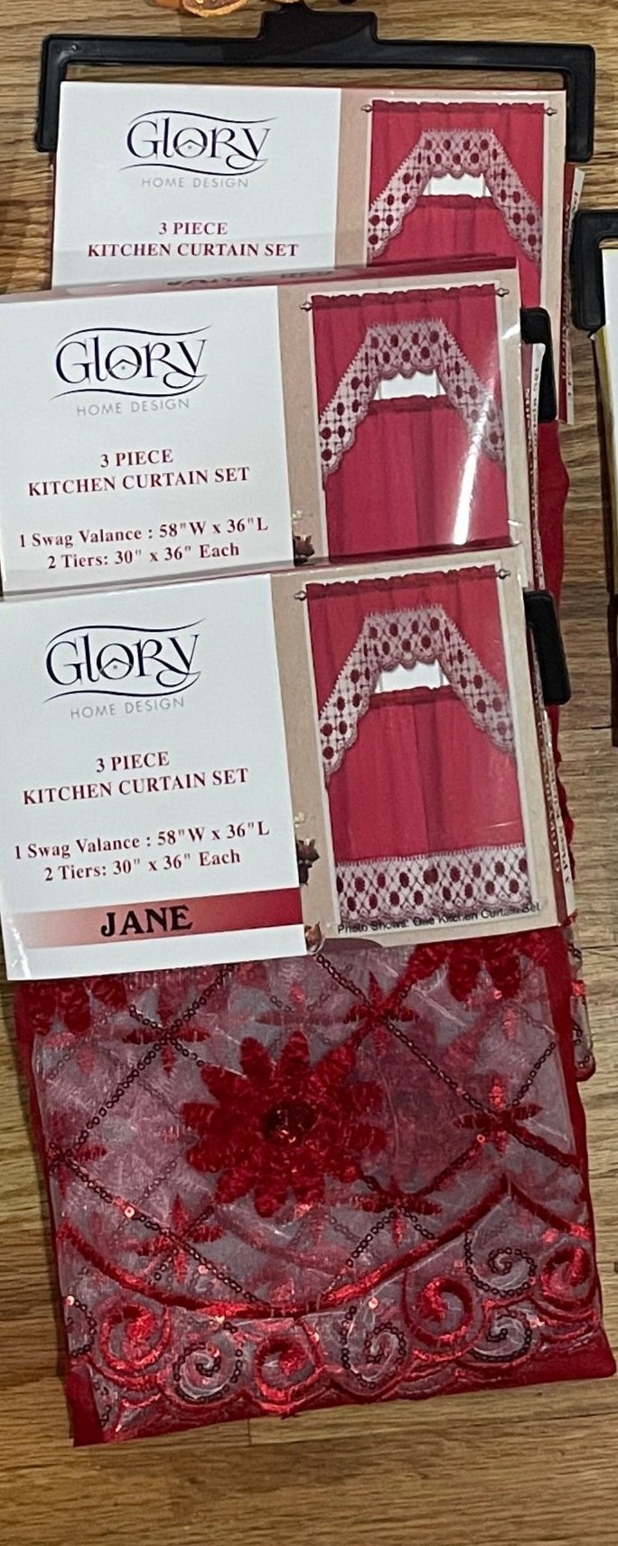 3 piece Kitchen Holiday curtain lace embroidered Stitch Red
