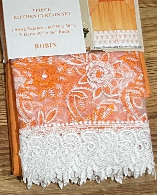 3 piece Kitchen curtain lace embroidered Stitch orange w white