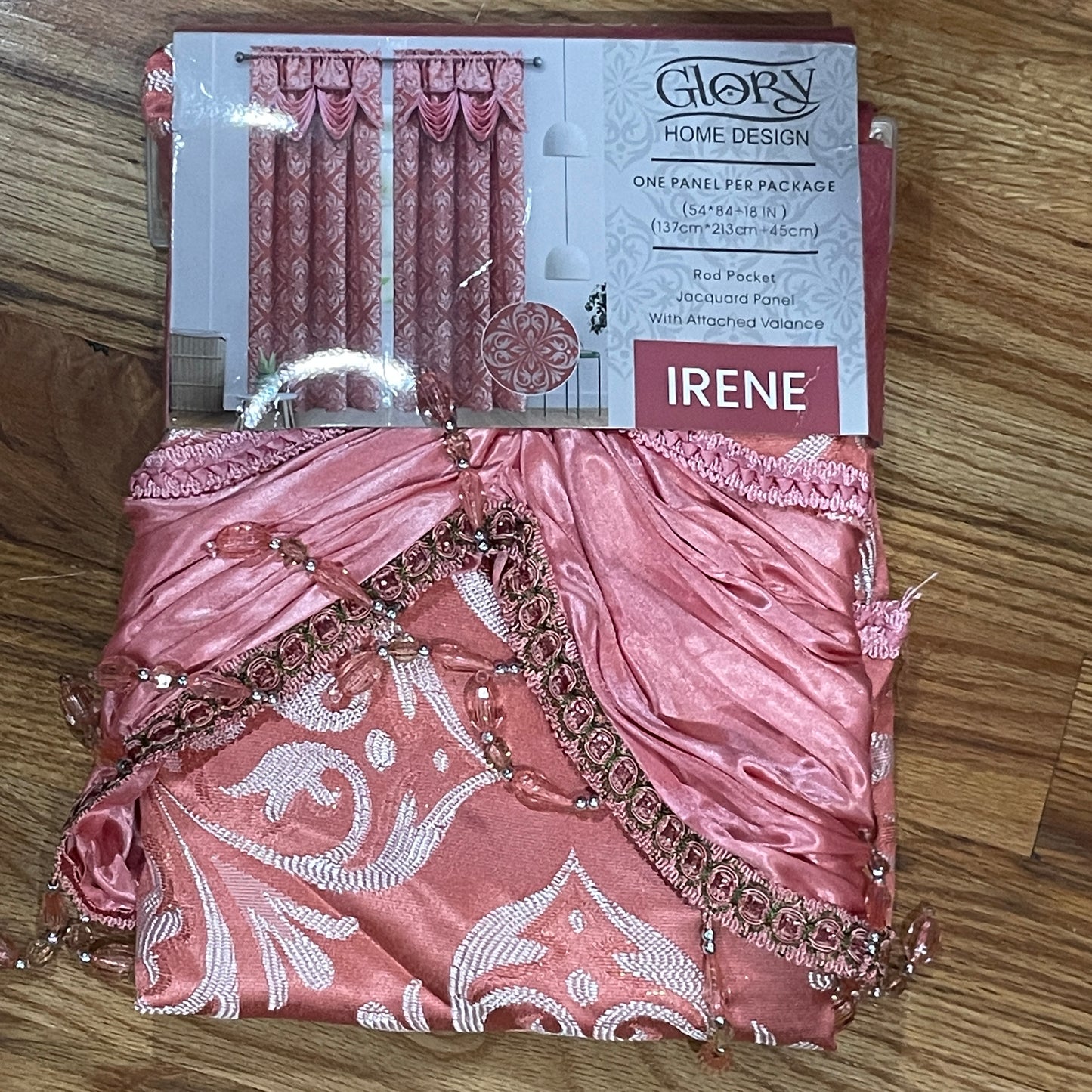 IRENE Jacquard Pattern Panel Curtain w attached lace valance Coral Blush