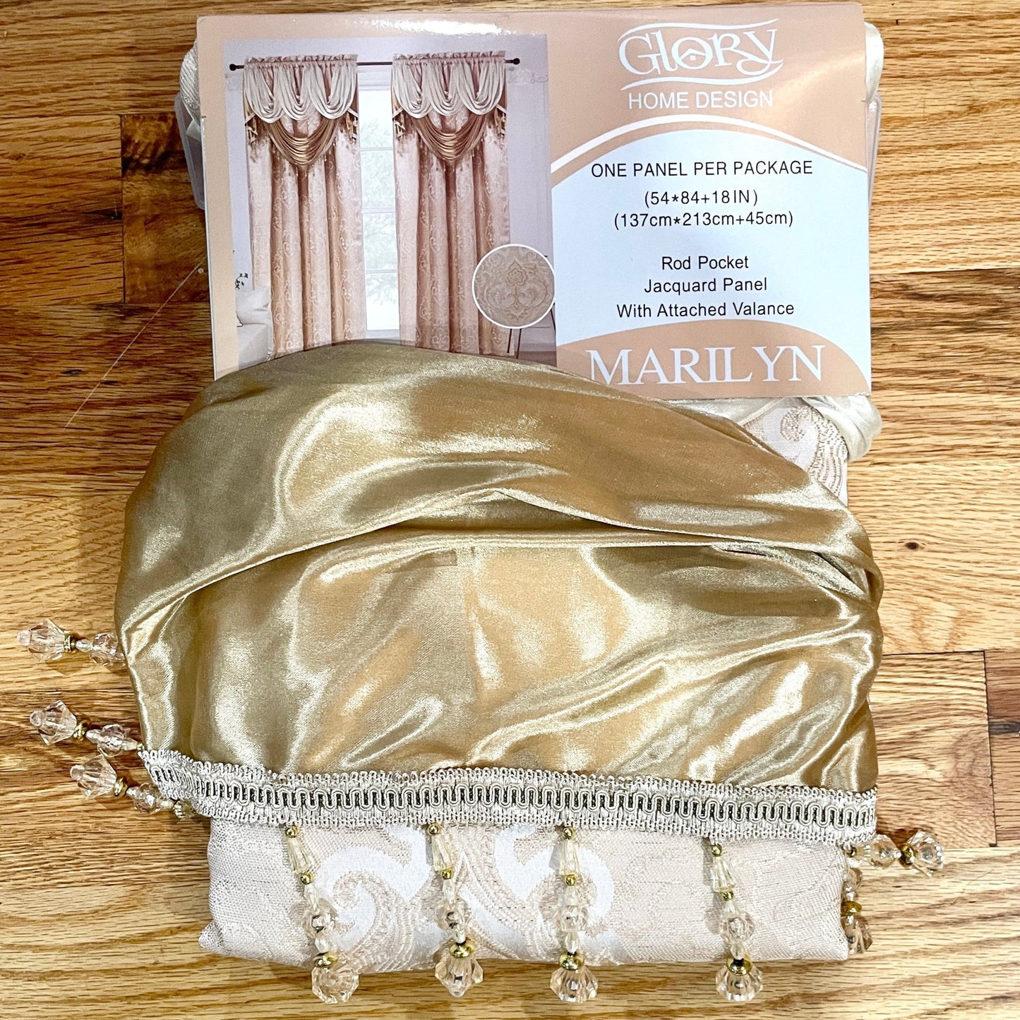 MARILYN Jacquard Pattern Panel Curtain w attached lace valance Beige