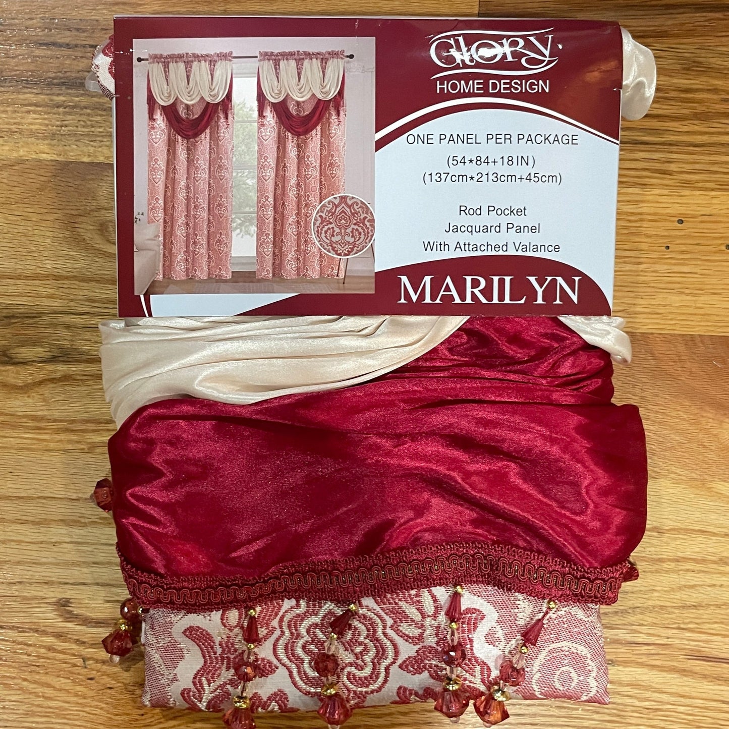 MARILYN Jacquard Pattern Panel Curtain w attached lace valance Burgundy