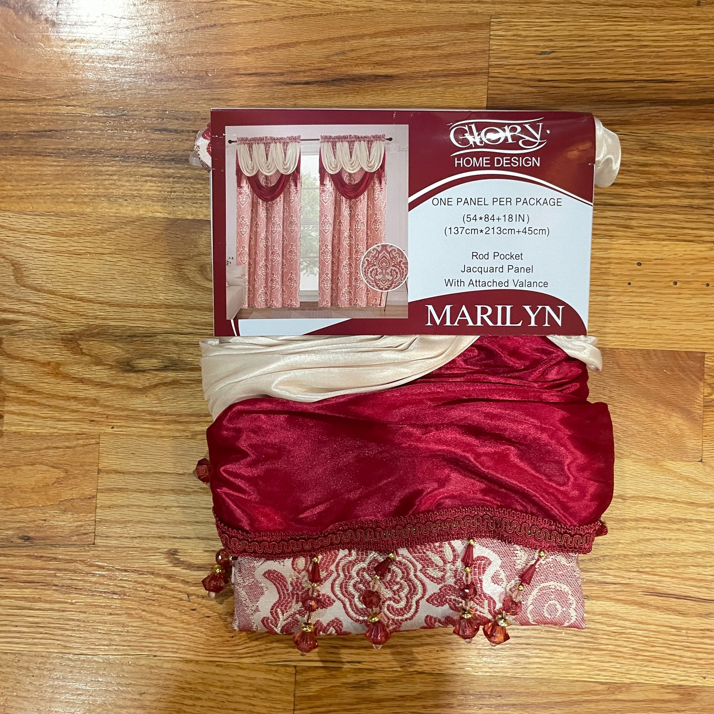 MARILYN Jacquard Pattern Panel Curtain w attached lace valance Burgundy