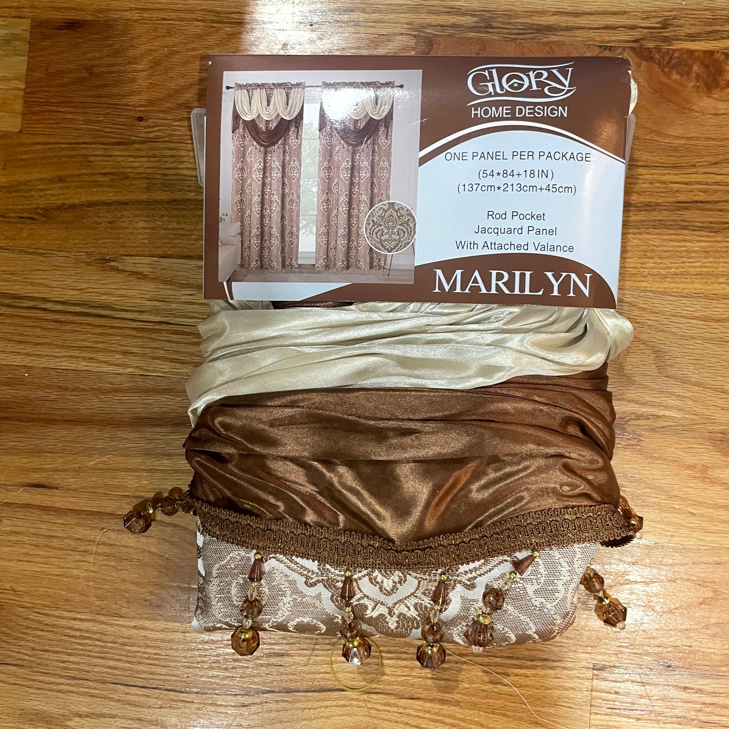 MARILYN Jacquard Pattern Panel Curtain w attached lace valance Brown