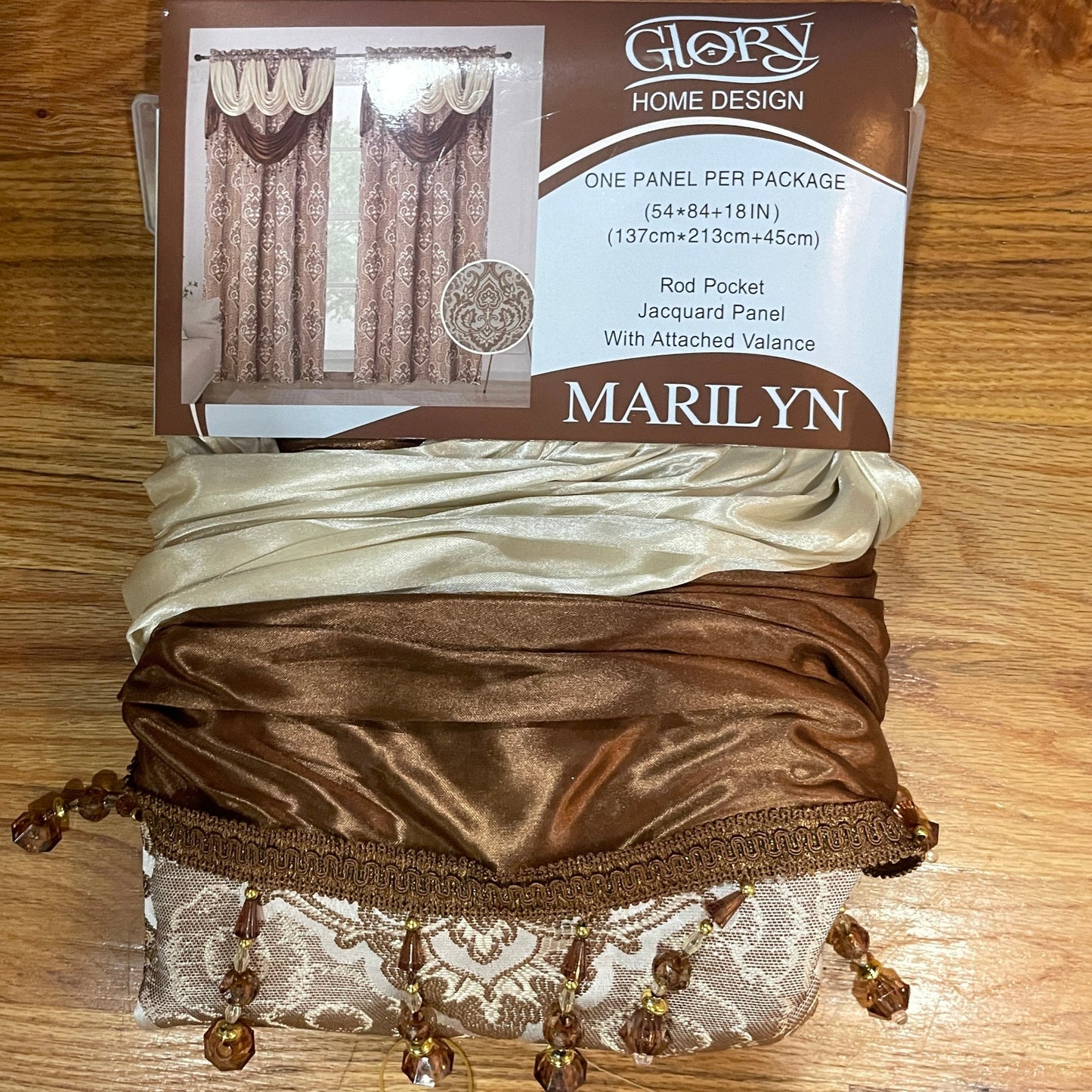 MARILYN Jacquard Pattern Panel Curtain w attached lace valance Brown