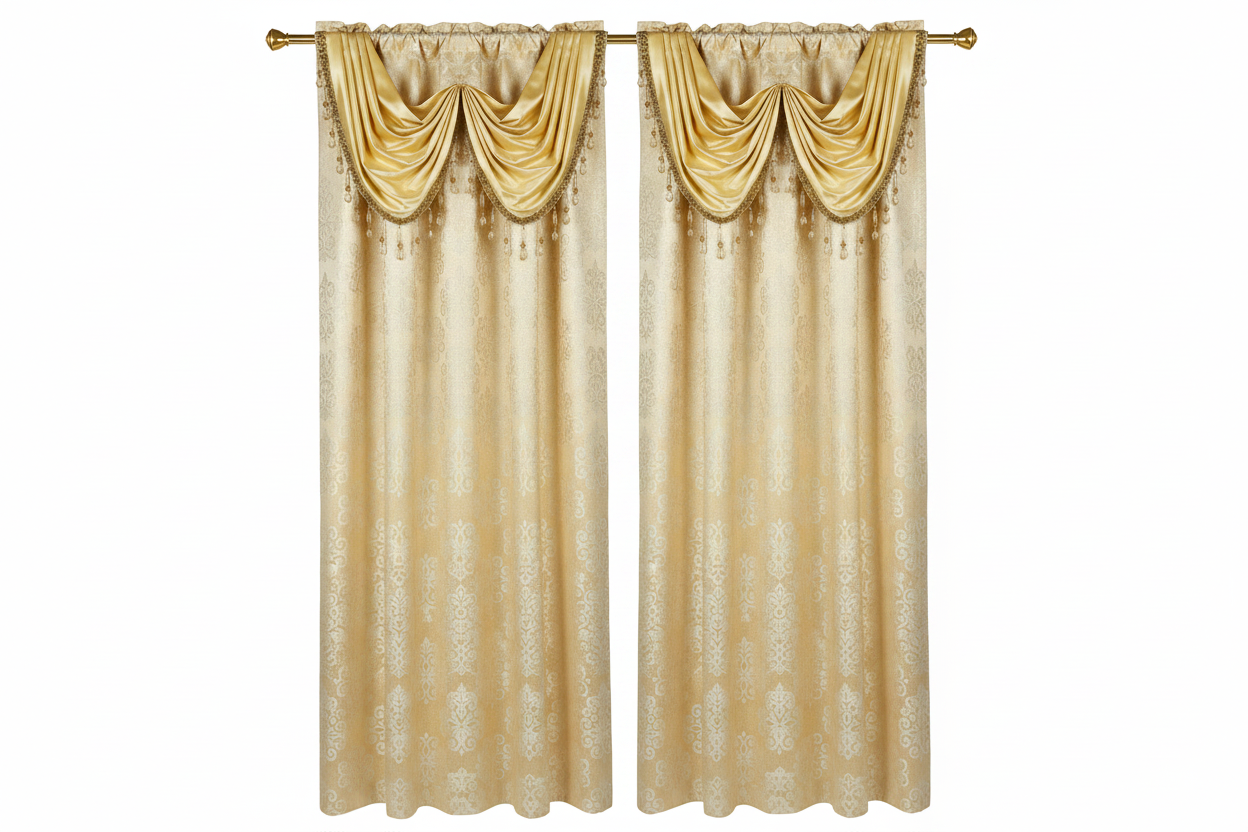 SLOANE Jacquard Pattern Panel Curtain w attached lace valance Beige