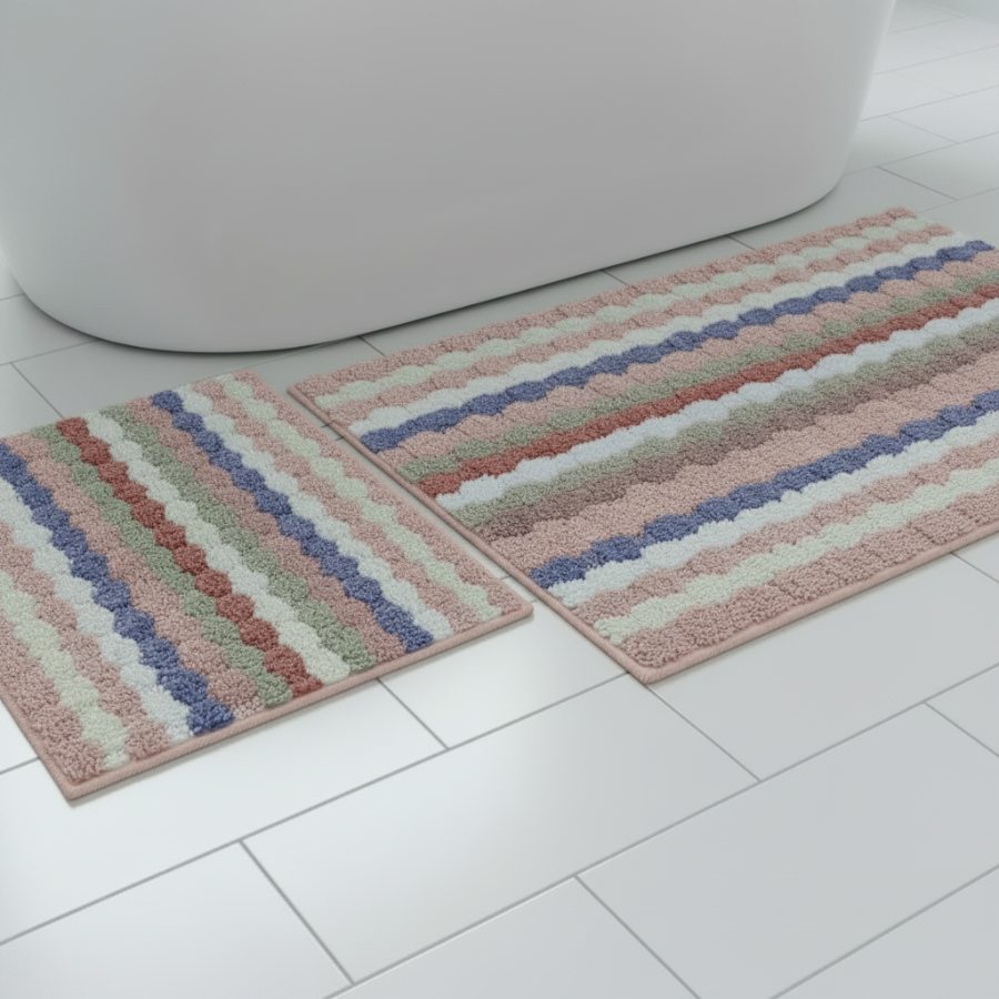 SARIT Striped Square Soft 2 piece bathroom Mats Rug set PINK