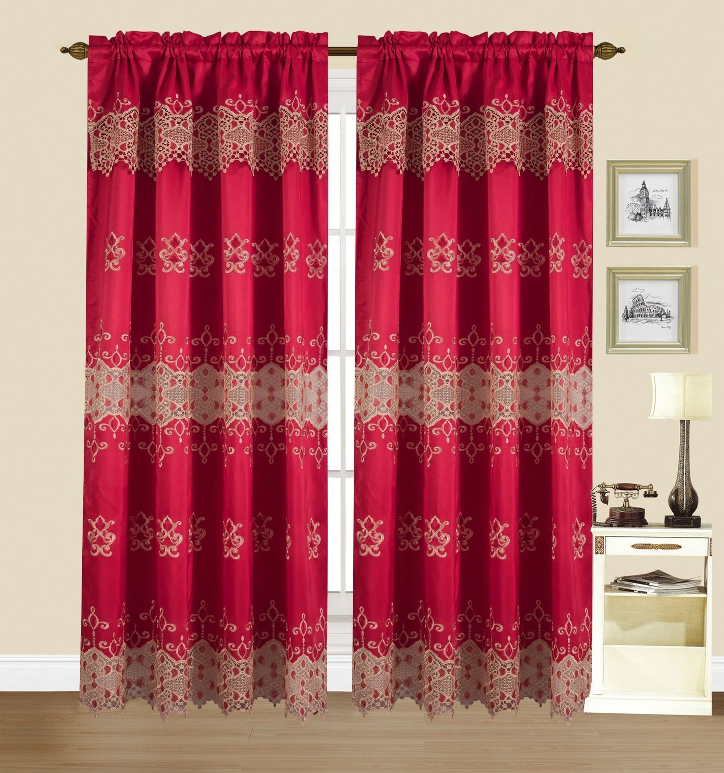 JENNY Floral flowers Pattern Panel Curtain w attached lace valance Red Gold