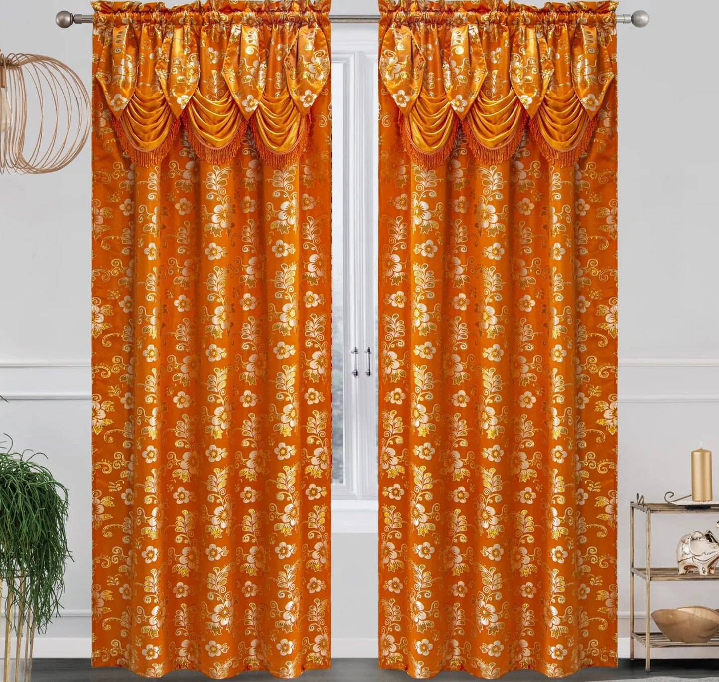 BETHENNY ORANGE Jacquard Curtain Panel with attached Tassel Valance