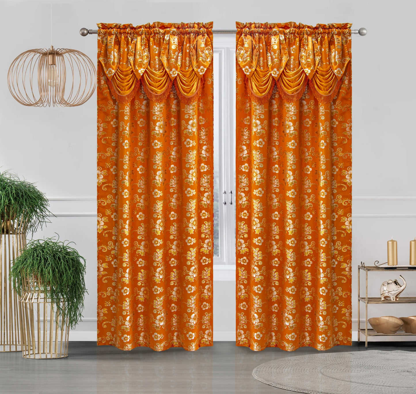 Window Jacquard Curtain Panel with attached Tassel Valance Orange