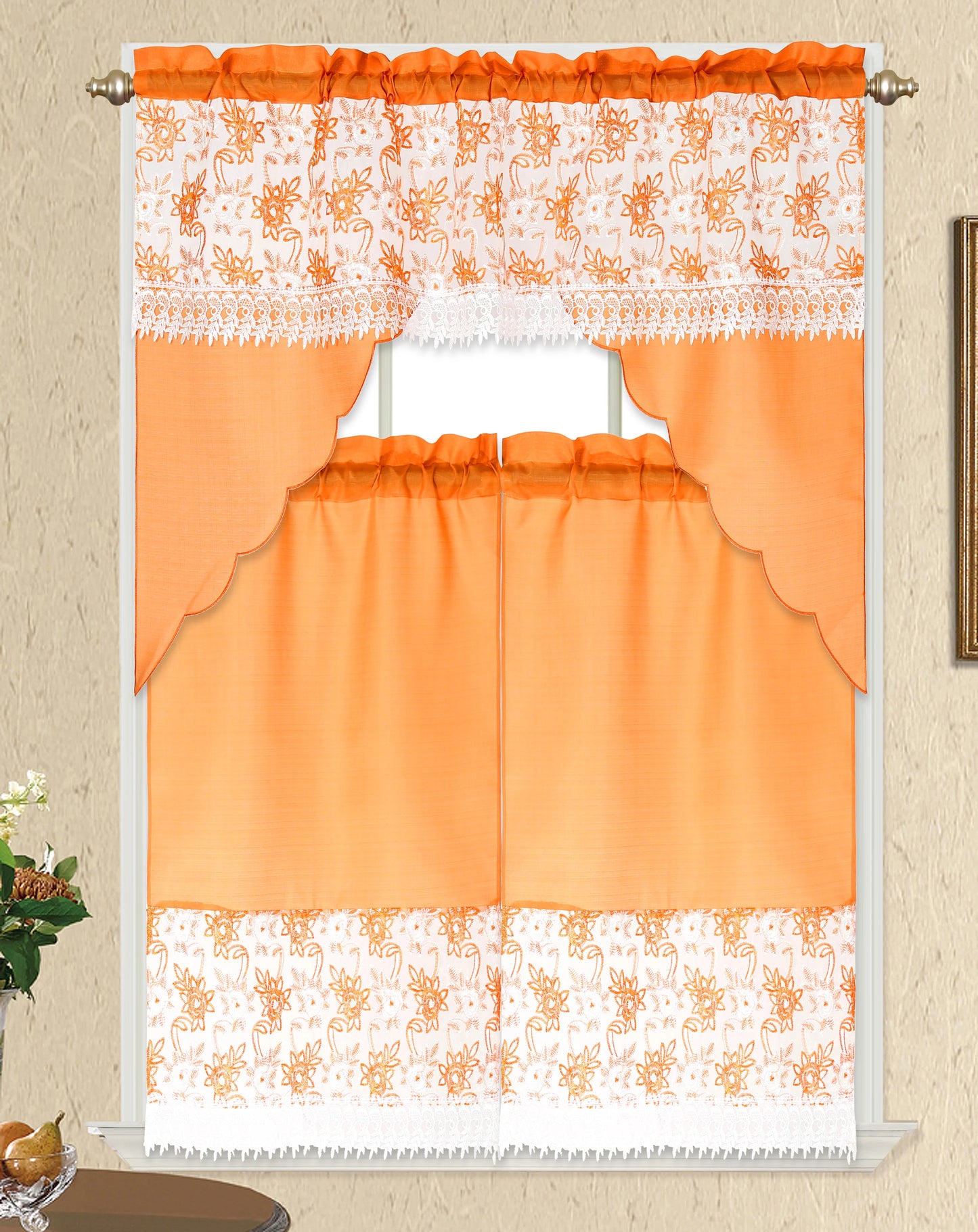 3 piece Kitchen curtain lace embroidered Stitch orange w white