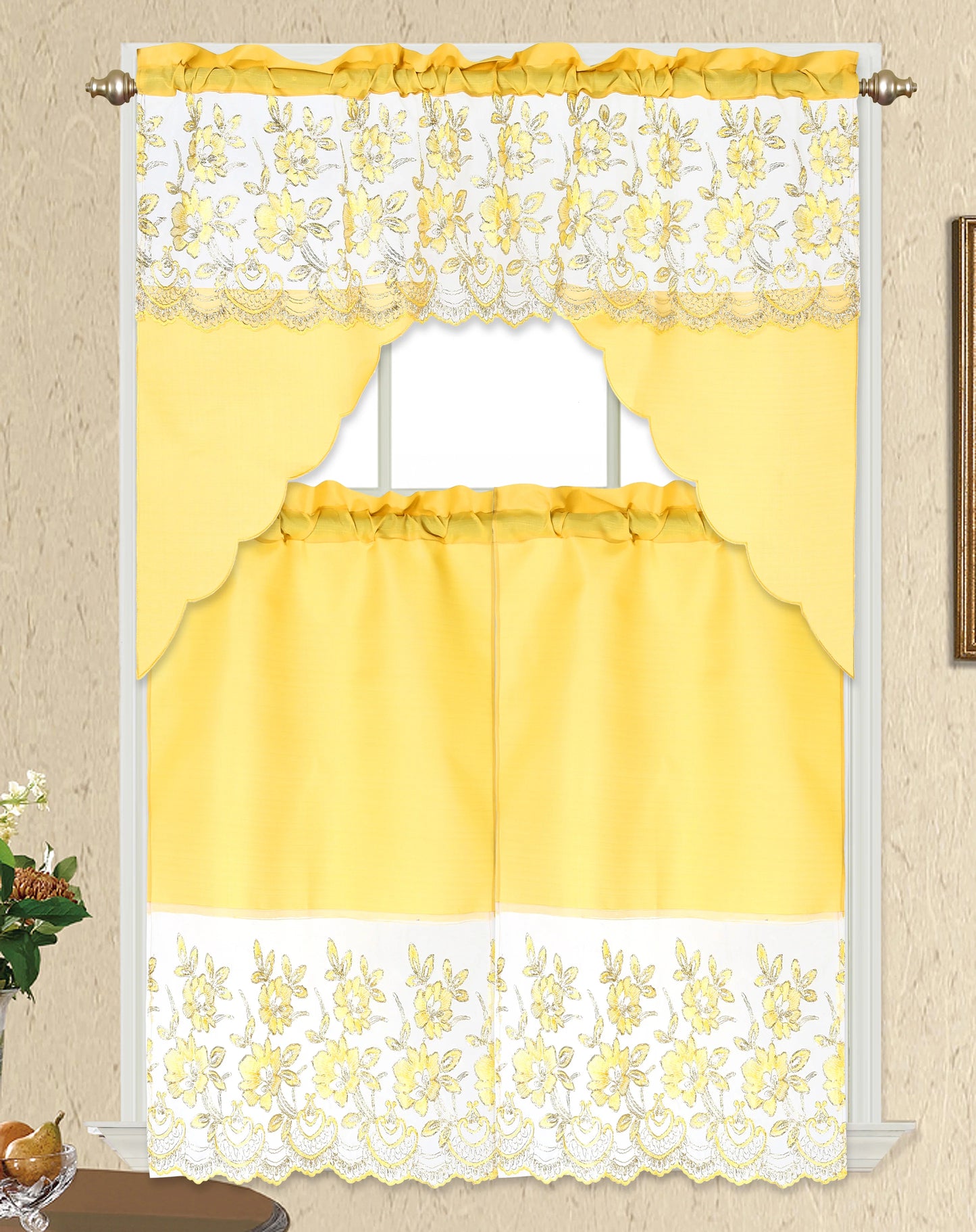 3 piece Kitchen curtain lace embroidered Stitch yellow Marley