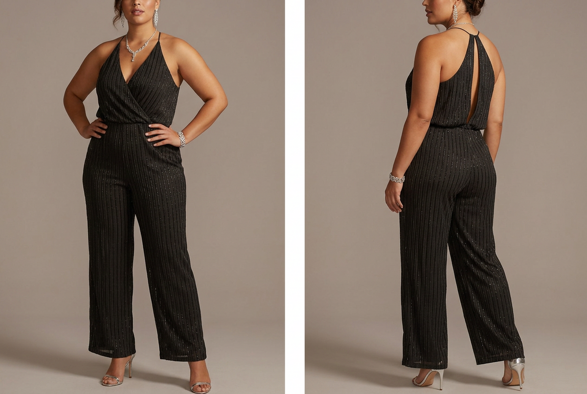 Women's PLUS Sexy open back beaded shimmer jumpsuit BLACK