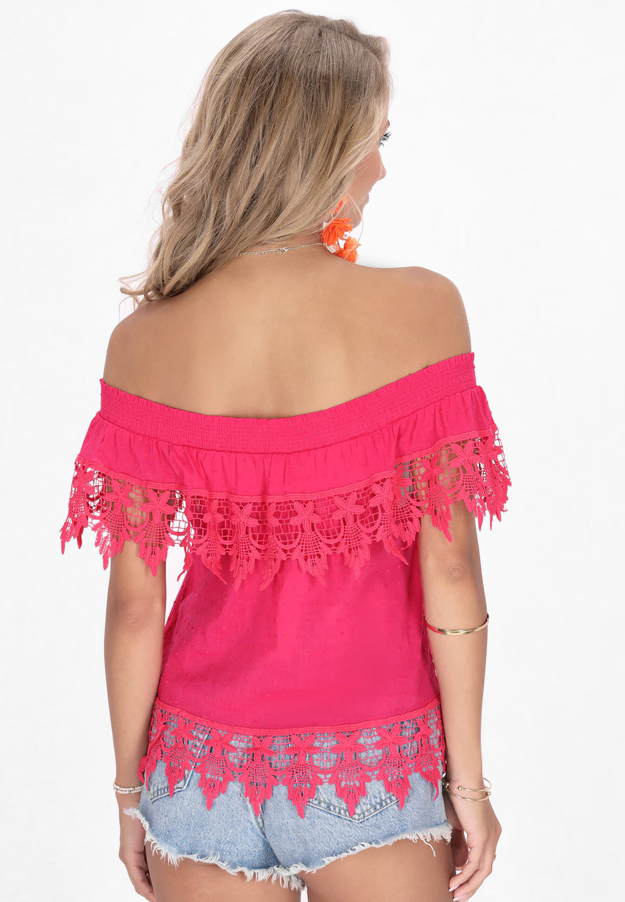 PLUS Size Women's Off shoulder embroidered Blouse Pink