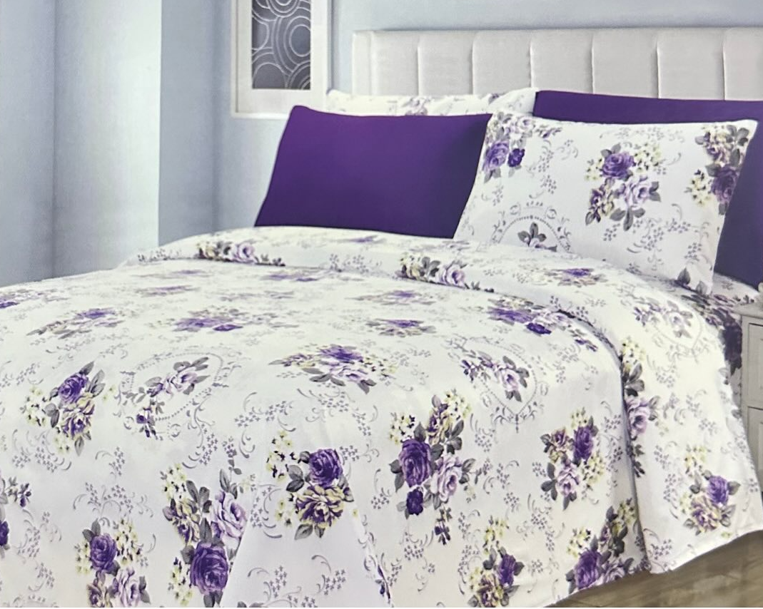 Luxury 6 piece Sheet Set Soft 1800 Print purple floral QUEEN
