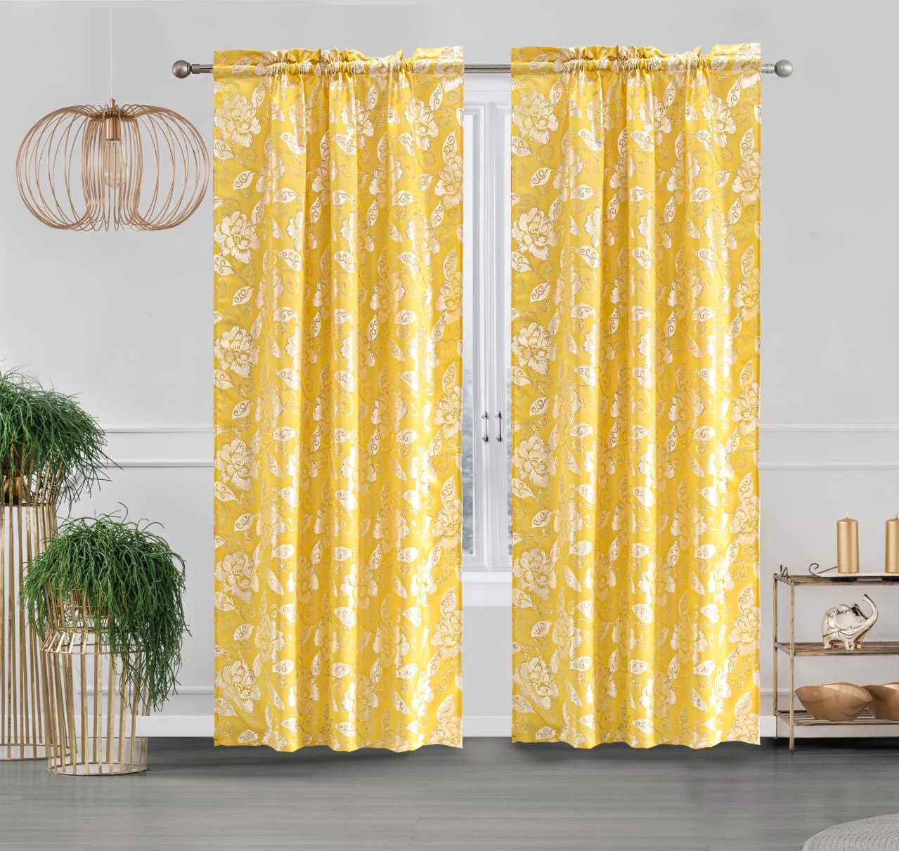 Golden Yellow Printed Floral Pattern Panel Curtian