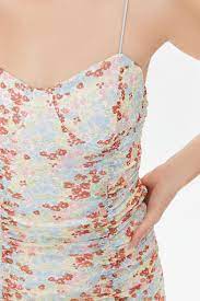 Women's Ruched Tie-Hem Print Dress Slim Fitted Floral Mesh