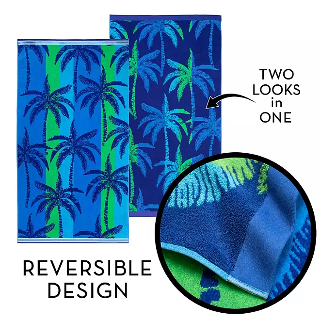 Bright & Colorful 40" W x 72" XL Oversized REVERSIBLE EXTRA-LARGE Towel Bath Sheets Beach Blue Palm