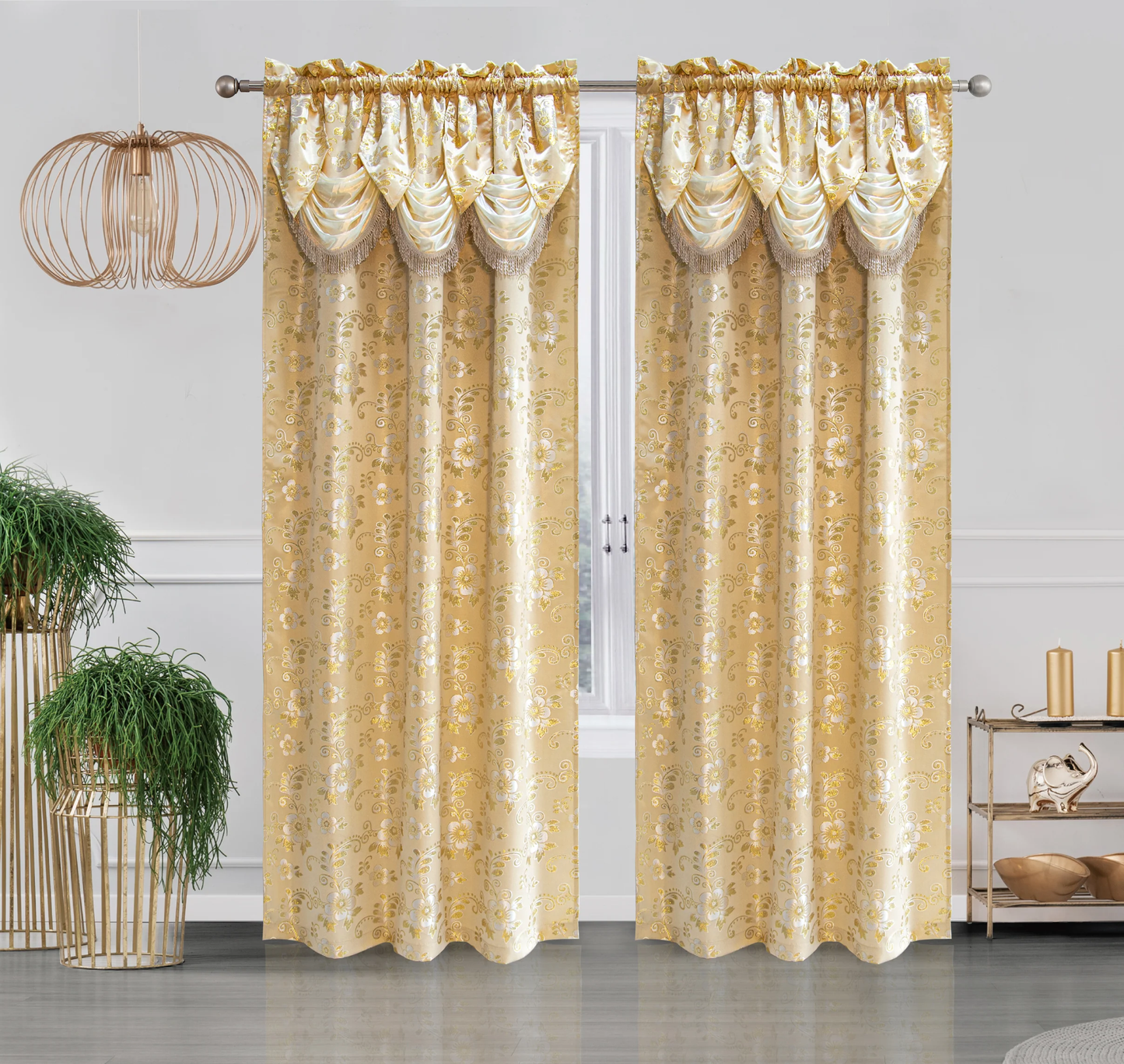 Window Jacquard Curtain Panel with attached Tassel Valance Beige