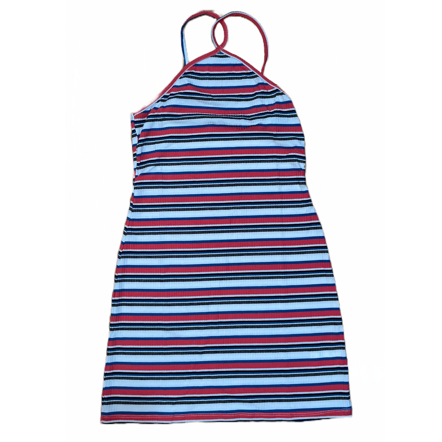 Women's Stretchy Fitted Rewind Y-Neck Bodycon X back open Mini Dress Navy Stripe