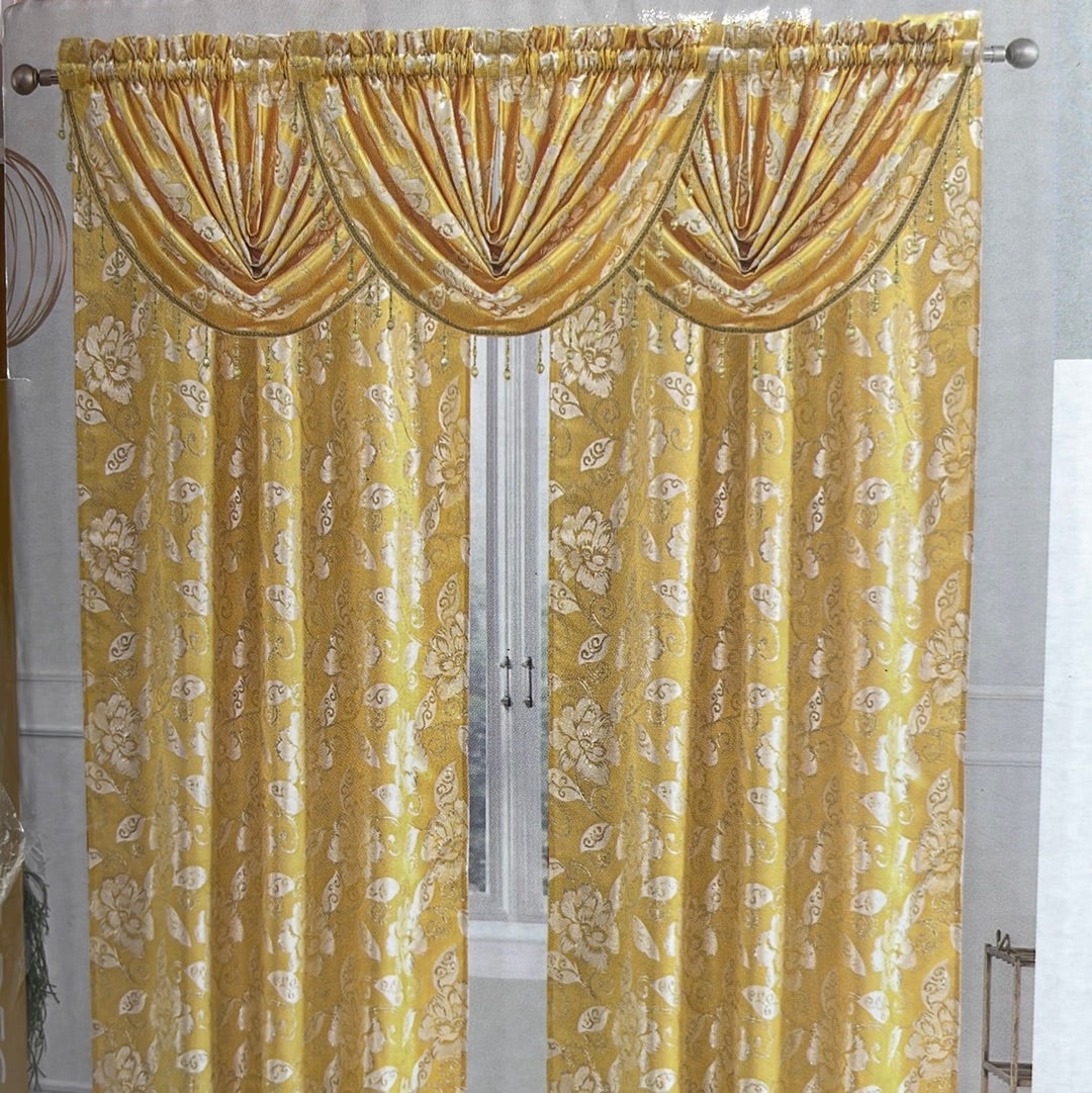 Golden Yellow Printed Floral Pattern Printed Floral Waterfall Valance Beaded