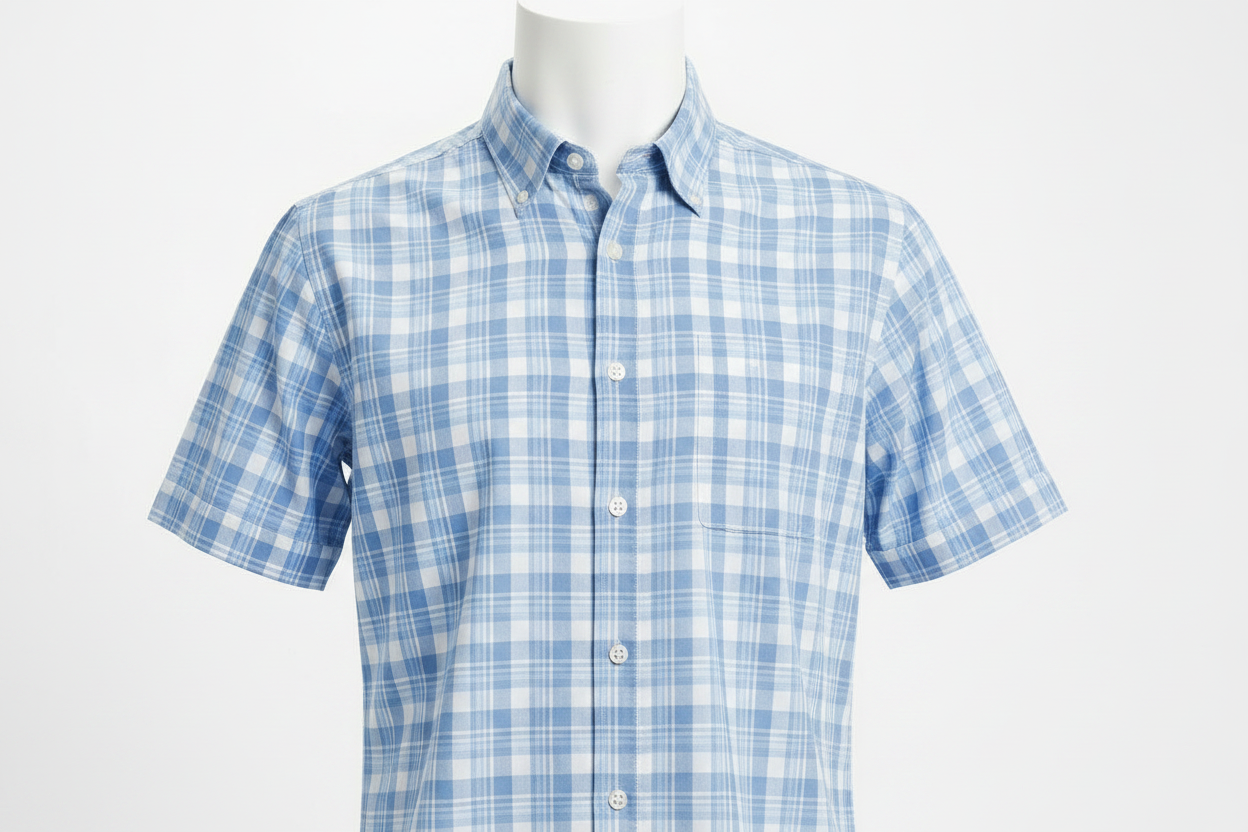 Men's Striped Blue Plaid button down 100% cotton Shirt Short Sleeve