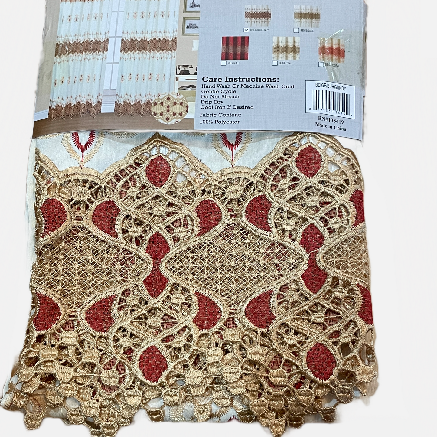 Macrame jacquard Panel Curtain w attached lace valance Beige Burgundy Red