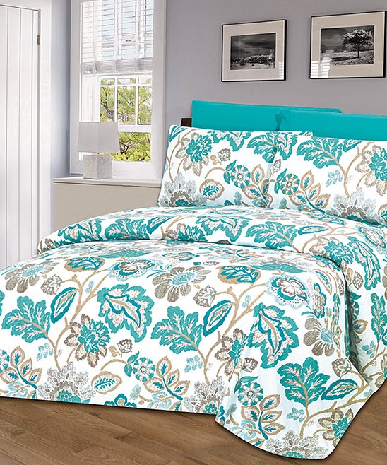 GT CHECK Luxury 6 piece Print Sheet Set Soft 1800 Teal Leaf FULL