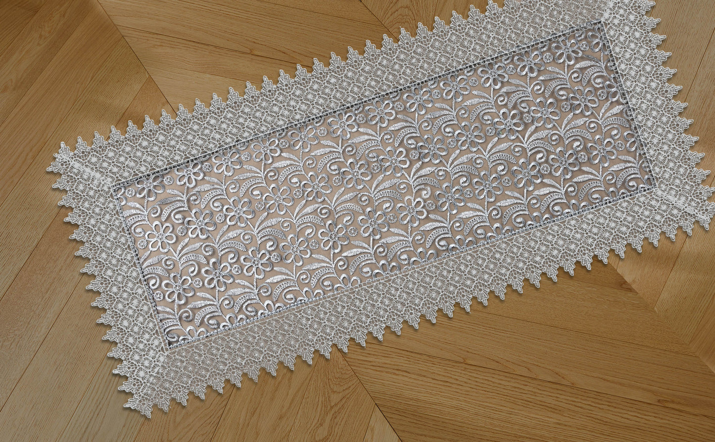 Embroidered floral design Table Runner 16 X 54 Silver