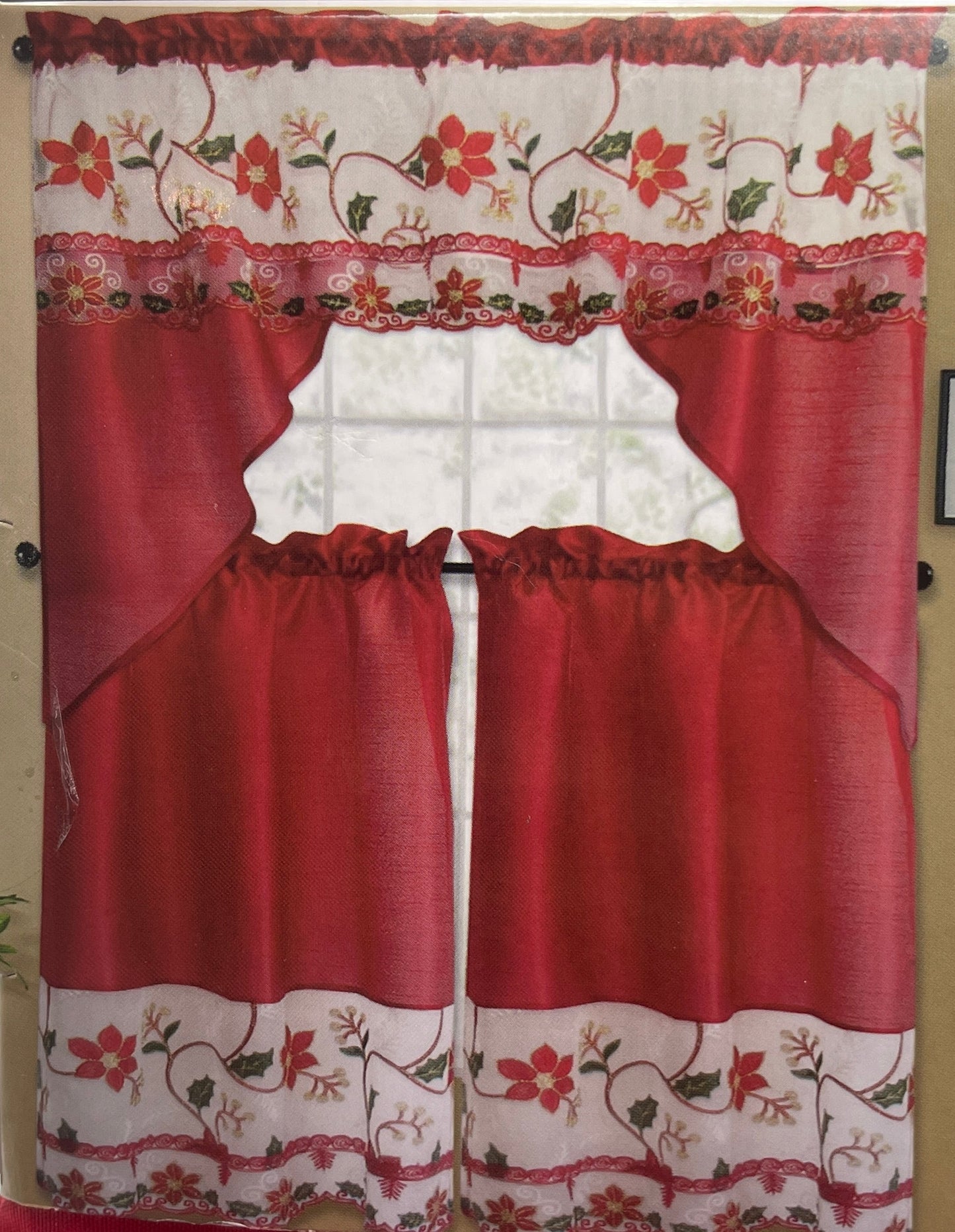 3 Piece embroidered Holiday Christmas kitchen curtain Poinsettia Red w White