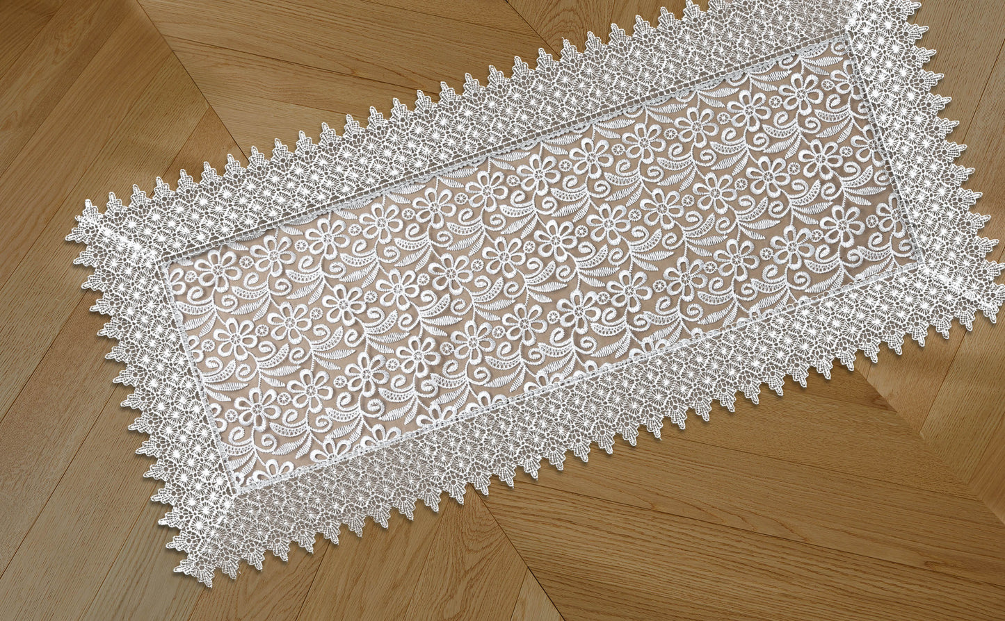 Embroidered floral design Table Runner 16 X 54 White