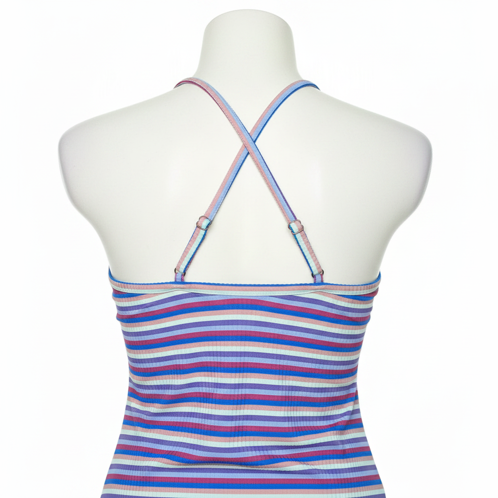 Women's Stretchy Fitted Rewind Y-Neck Bodycon X back open Mini Dress PINK Multi Stripe