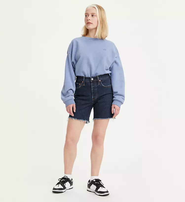 Levi's Dark Wash High Rise Long mid Thigh Frayed Denim Shorts