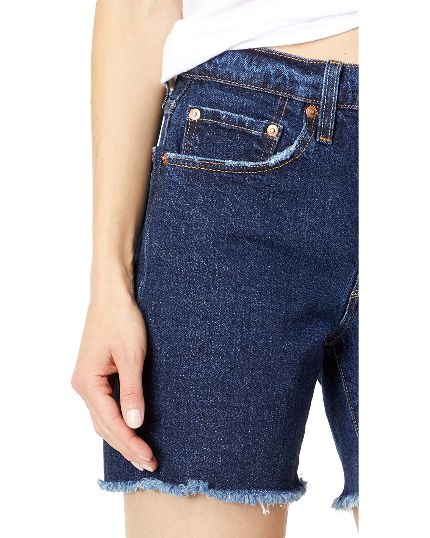 Levi's Dark Wash High Rise Long mid Thigh Frayed Denim Shorts