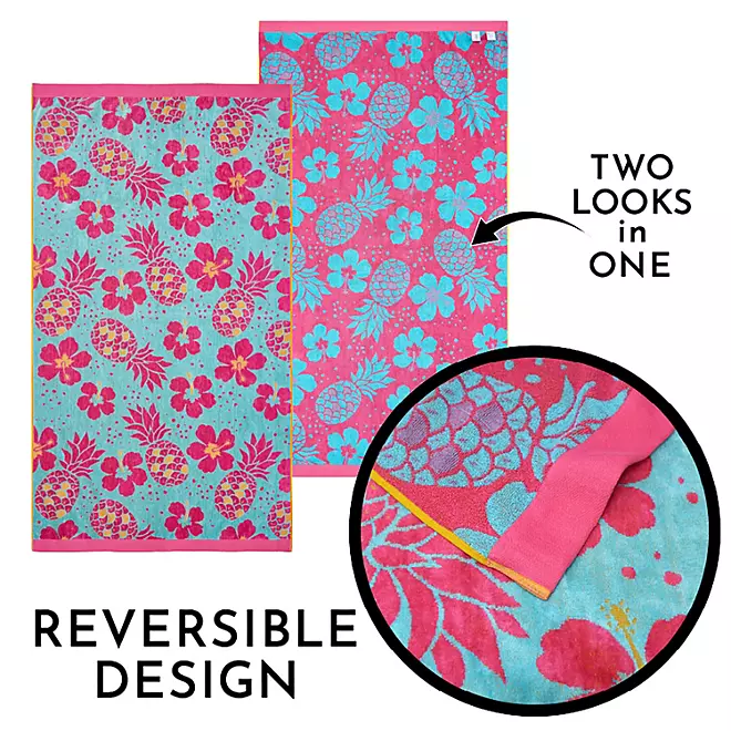 Bright & Colorful 40" W x 72" XL Oversized REVERSIBLE EXTRA-LARGE Towel Bath Sheets Beach Flower Pink Pineapple